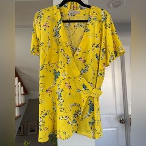 LOFT Floral Yellow Wrap Blouse - Size 16
